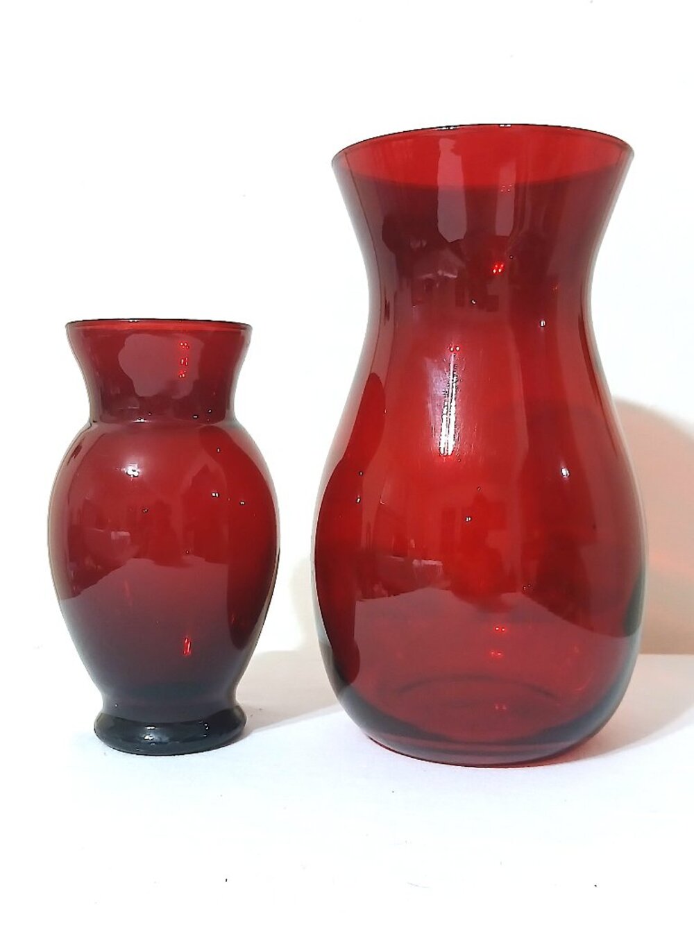 Vintage Hand Blown Ruby Red Art Glass Vase Set Pair Studio Glass 9" & 6.5"